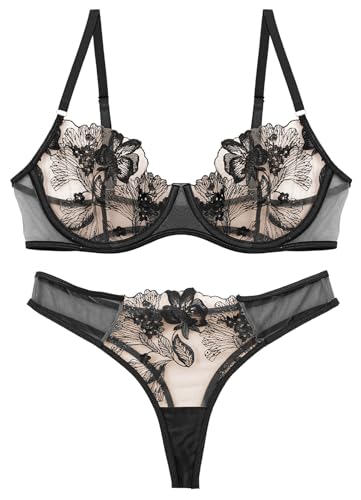 AIEOE Lingerie Set for Women Spitze BH mit String Slip Damen Dessous Set BH mit Bügel Bra Thong Lace Underwear Set mit verstellbaren Trägern von AIEOE