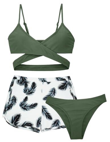 AIEOE Mädchen 3 Stück Badeanzug Bikini mit Tropical Print Badeanzug mit Cover Up Shorts 8-9 Jahre Grün von AIEOE