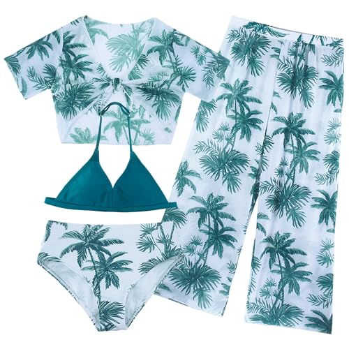 AIEOE Mädchen 4 Stück Bademode Halter Bikini Set mit Floral Bohemian und Cover Up Hose Schwimmen Baden 12 Jahre Grün 02 von AIEOE