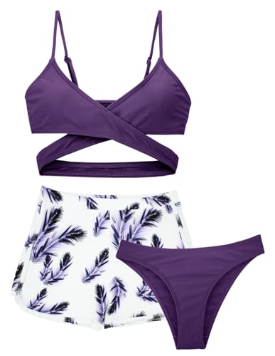 AIEOE Mädchen Badeanzug Bikini Set mit Tropical Print Böhmen Strand Shorts Spa Surfen Baden Pool 12-13 Jahre Violett von AIEOE