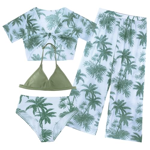 AIEOE Mädchen Bademode Bikini 4 Set mit Tropical Print Hose Strand Bohemian Spa Badeanzug Pool 10 Jahre Grün 01 von AIEOE