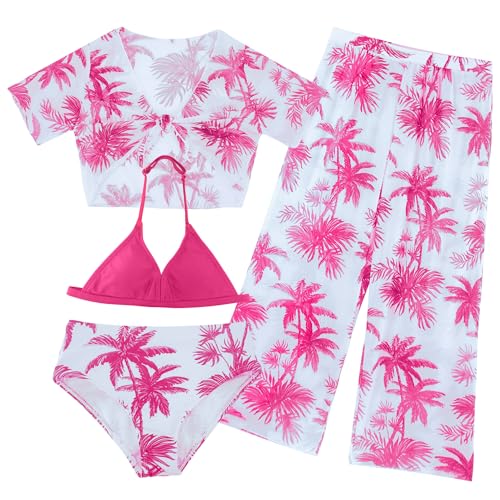 AIEOE Mädchen Bademode Bikini 4 Set mit Tropical Print Hose Strand Bohemian Spa Badeanzug Pool 10 Jahre Rosa von AIEOE