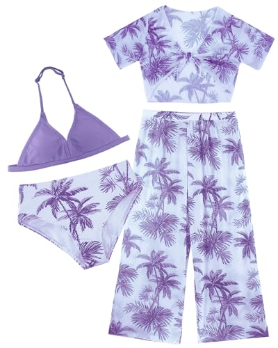 AIEOE Mädchen Bademode Bikini 4 Set mit Tropical Print Hose Strand Bohemian Spa Badeanzug Pool 10 Jahre Violett von AIEOE