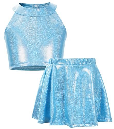 AIEOE Mädchen Glitzer Zweiteilige Tanzkleidung Ärmelloses Tanzoberteil+Tanzrock Hip Hop Jazz Tanzkleidung Blau 10-13 Jahre von AIEOE