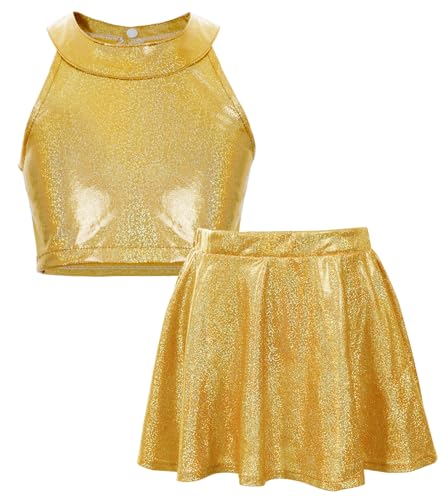 AIEOE Mädchen Glitzer Zweiteilige Tanzkleidung Ärmelloses Tanzoberteil+Tanzrock Hip Hop Jazz Tanzkleidung Gold 4-5 Jahre von AIEOE