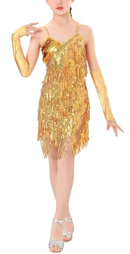 AIEOE Mädchen Latein Tanzkleid mit Handschuhen Latein Tanzkleid Mädchen Fransen Tanzkleid für Tango 8-9 Jahre Gold von AIEOE