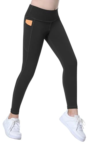 AIEOE--Mädchen Leggings Fitness Lang Yogahose Sporthosen Laufhose Trainninghose Gymnastik Hosen High Waist Kinder Hose Lange Elastisch Pants mit Taschen 140cm Schwarz von AIEOE