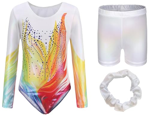 AIEOE Mädchen Leotard Langarm Gymnastikanzug mit Hose Trikot Akrobatik Anzug Glänzende Turnanzug Gymnastik Kleidung Set mit Haarband Tanzkostüme 9-10 Jahre Weiß von AIEOE
