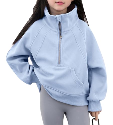 AIEOE Mädchen Sweatshirt Langarm Pullover Tops Hoodie Baumwolle Cropped Basic Sweatjacke Stehkragen Pullover Casual mit Reißverschluss 150cm Blau von AIEOE