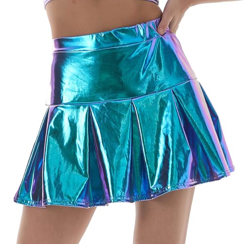 AIEOE Metallic Faltenrock Glitzer Karneval Rave Minirock Kurzer Enger Mini PU Rock für Damen und Mädchen Größe S Laser Blau von AIEOE