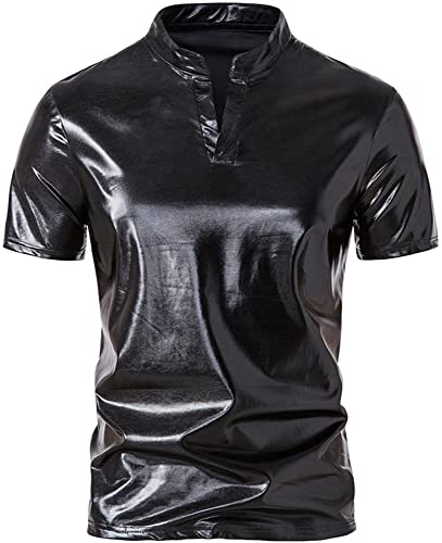 AIEOE Metallic Glänzend Hemd Herren Glitzer Henley Shirt 70er Disco Party Club Wear Slim Fit Nachtklub Freizeithemd - L von AIEOE