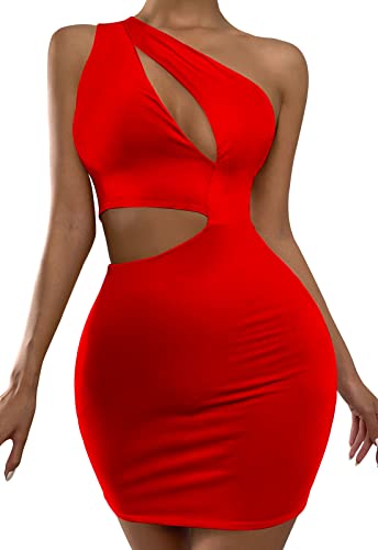 AIEOE One Shoulder Kleid für Damen Kurzrock mit Hohlem Sexy Minikleid für Party Cocktail Taille Zeigen Größe S Rot von AIEOE