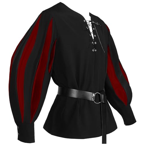 AIEOE Mittelalter Hemd Herren Vintage Gestreift Langarmshirts mit Ledergürtel Renaissance Viktorian Steampunk Piraten Hemd Schnürung V-Ausschnitt Freizeithemd für Theater Cosplay Karneval - M von AIEOE