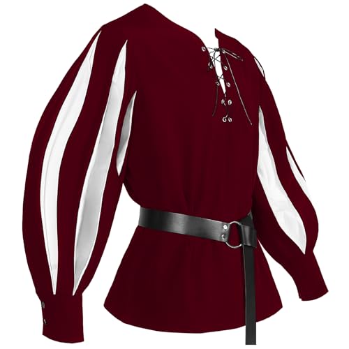 AIEOE Mittelalter Hemd Herren Vintage Gestreift Langarmshirts mit Ledergürtel Renaissance Viktorian Steampunk Piraten Hemd Schnürung V-Ausschnitt Freizeithemd für Theater Cosplay Karneval - XL von AIEOE