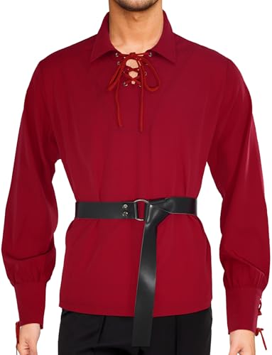 AIEOE Mittelalter Hemd Herren Vintage Langarmshirts mit Ledergürtel Renaissance Viktorian Steampunk Piraten Hemd Schnürung V-Ausschnitt Umlegekragen Freizeithemd für Theater Cosplay Karneval - L von AIEOE