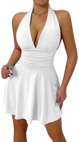 AIEOE Neckholder Kleider Damen Sexy Bodycon Cocktail Enger Partykleid mit Bindebändern V-Ausschnitt Figurbetonte Kleid Größe M Weiß von AIEOE