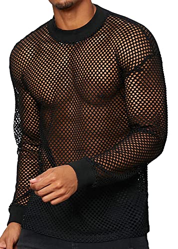 AIEOE Netz Oberteil Herren Transparentes T-Shirt Langarm Nachtclubwear Rundhals Unterhemd Schwarz 02 EU Größe M/Herstellergröße L von AIEOE