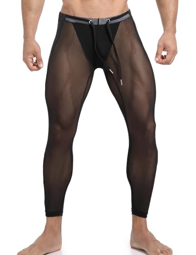 AIEOE Netzhose Durchsichtige Sport Unterhose Lang Slim Fit Mesh Hose Elasitsche Netzunterhose mit Tunnelzug Schwarz Größe L von AIEOE