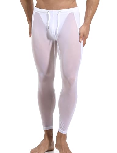 AIEOE Netzhose Durchsichtige Sport Unterhose Lang Slim Fit Mesh Hose Elasitsche Netzunterhose mit Tunnelzug Weiß Größe M von AIEOE