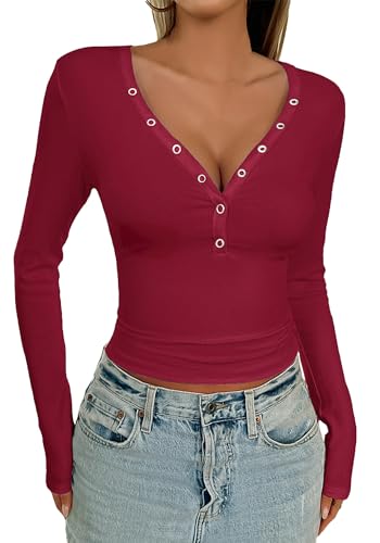 AIEOE Oberteile Damen Langarm Basic V Ausschnitt Damen Oberteil Basic Langarm Shirts Damen Oberteile Damen Langarm Rot S AIEOE Oberteile Damen Langarm Basic V Ausschnitt Damen Oberteil Basic Langarm Shirts Damen Oberteile Damen Langarm Rot S von AIEOE