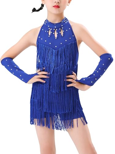 AIEOE Pailletten Tanzkleid Mädchen Quaste Salsa Latin Outfit Kinder Samba Tango Tanzbekleidung Tanz Trikot Lateinamerikanischer Kleid 160cm Hellblau von AIEOE