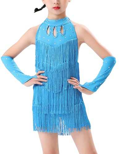 AIEOE Pailletten Tanzkleid Mädchen Quaste Salsa Latin Outfit Kinder Tanz Trikot Samba Tango Tanzbekleidung Lateinamerikanischer Kleid 140cm Blau von AIEOE
