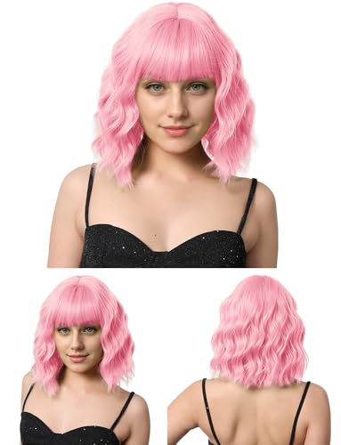 AIEOE Perücke Damen Kurz Bob mit Pony Lockig Perücke Hair Natural Aussehende synthetische Perücken für Frauen Täglich Party Rosa von AIEOE