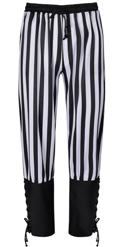 AIEOE Piratenhose Herren Gestreift Mittelalter Hose Renaissance Steampunk Wikinger Cosplay Kostüm Vintage Schnürhose Mesh Atmungsaktive Freizeithose mit Taschen - M von AIEOE