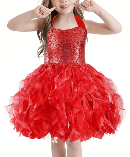 AIEOE Prinzessin Mädchen Festliches Kleid Ärmellos Glitzerkleid Elegant Prinzessin Taufe Sommerkleid Geeignet von 6 Jahre Rot von AIEOE