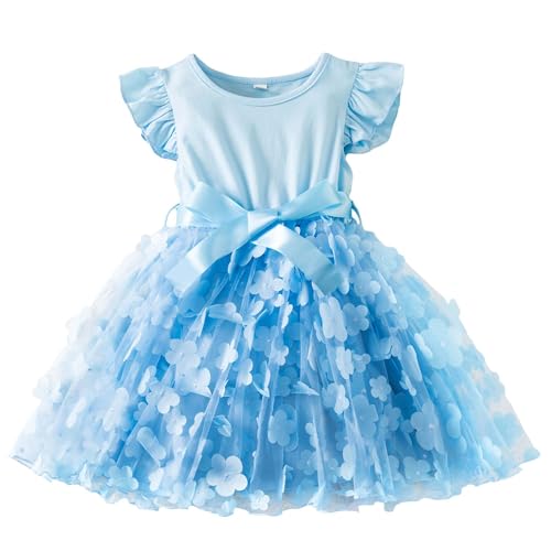 AIEOE Prinzessin Mädchen Tüll Kleid Ärmellose und Rüschenärmel Prinzessin Elegant Taufe Sommerkleid für 3-4 Jahre Blau von AIEOE