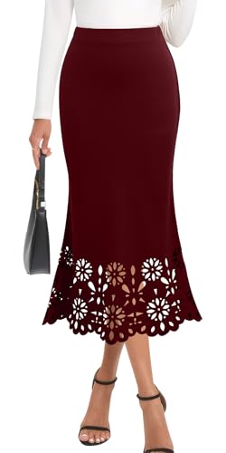 AIEOE Rock Damen Fischschwanz Lang Elegant Edle Strickröcke Blumen Schneiden Moderne Frauen Röcke Cocktail Größe XXL Bordeaux von AIEOE