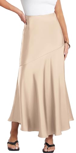 AIEOE Satin Midirock Damen Lang - Hohe Taille A-Linie Elegant für Business und Büro - Sommer Casual Rock mit Flowy Flared Hem L Champagner von AIEOE