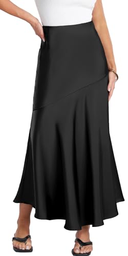 AIEOE Satin Midirock Damen Lang - Hohe Taille A-Linie Rock für Business, Büro und Casual - Elegant Mit Flowy Flared Hem - L Schwarz von AIEOE