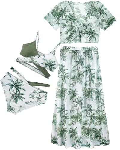 AIEOE Set 4 Stück Tie-Dye Badeanzug Mädchen Kinder Bikini Sonnenschutz Set Badeanzug mit Rock 8 Jahre Grün A von AIEOE