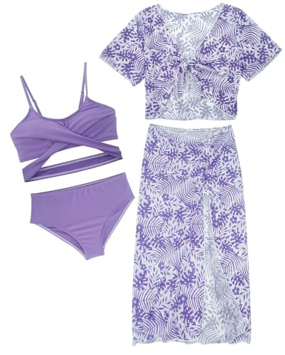 AIEOE Set 4 Stück Tie-Dye Badeanzug Mädchen Kinder Bikini Sonnenschutz Set Badeanzug mit Rock 8 Jahre Violett B von AIEOE