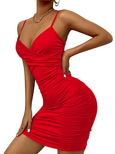 AIEOE Kleid für Damen Eng Kurz Sexy Frau mit V-Ausschnitt und Nacktem Rücken Elegante Kurze Minikleid Elegante Größe L Rot von AIEOE