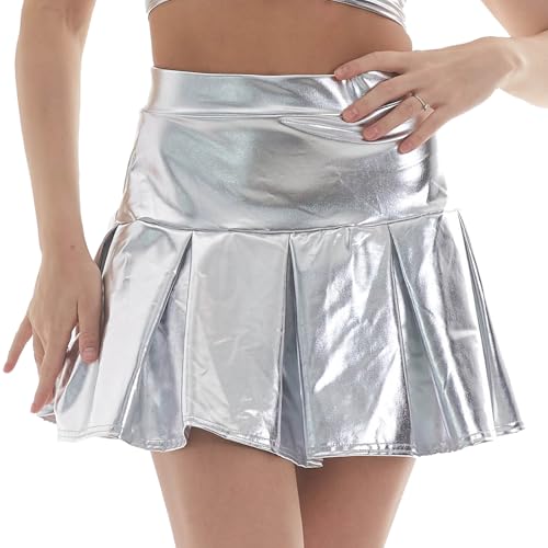 AIEOE Shiny Faltenrock für Frauen und Mädchen Damen Party Club Kostüm Röcke a Linie Metallischer Größe XL Silber von AIEOE