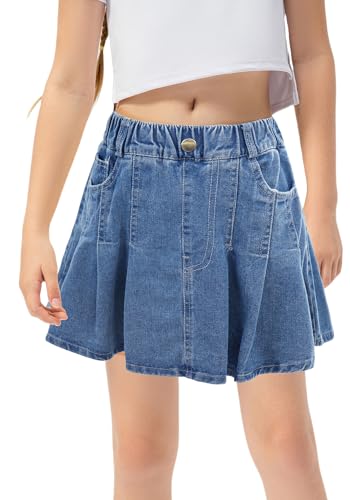 AIEOE Skater Rock mit Shorts Mädchen Kurz Rock Jeans Denim Rock Sommerrock Faltenrock A-Linie Rock Minirock Hoch Tailliert Rock 160cm Tiefblau von AIEOE