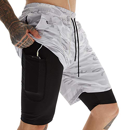 AIEOE Sommer Kurze Hose Sportshorts für Fitness Joggen Training und Laufen Kompressionsshorts Schenkel mit Tasche Tarnung Grau Herstellergröße L/EU S von AIEOE