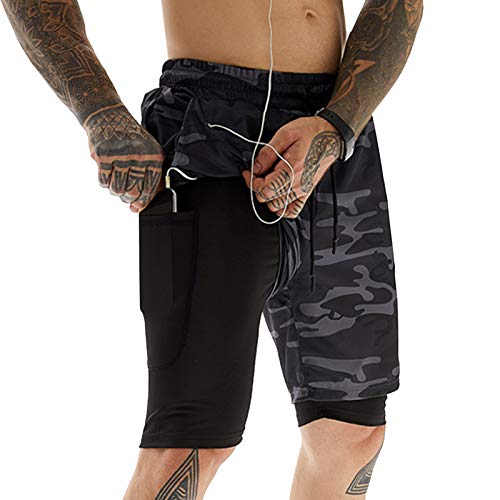 AIEOE Sommer Kurze Hose Sportshorts für Fitness Joggen Training und Laufen Kompressionsshorts Schenkel mit Tasche Tarnung Schwarz Herstellergröße XXXL/EU XL von AIEOE