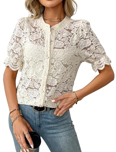 AIEOE Sommer Oberteile Kurzarm Damen Elegant mit Spitze Knöpfen Tshirts Leicht und Luftig 2025 Neu Größe S Beige von AIEOE