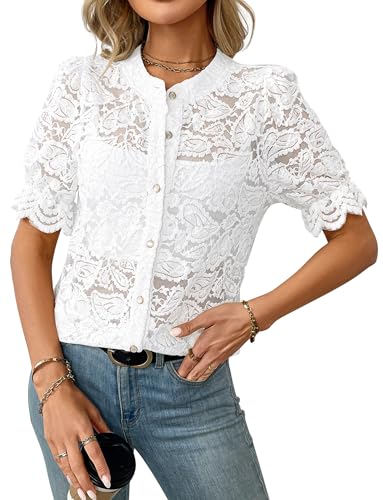 AIEOE Sommer Oberteile Kurzarm Damen Elegant mit Spitze Knöpfen Tshirts Leicht und Luftig 2025 Neu Größe S Weiß von AIEOE