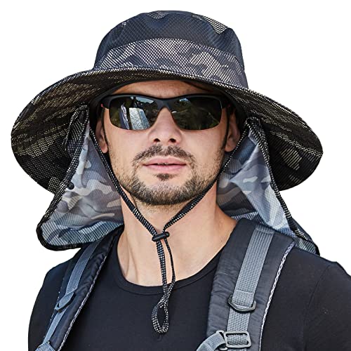 AIEOE Sonnenhut Herren UV Schutz Camouflage Outdoor Hut Wasserdicht Atmungsaktiv Faltbar Fischerhut Wanderhut mit Nackenschutz Abnehmbar von AIEOE