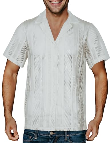 AIEOE Spitze Hemd Herren Sommer Kurzarm Transparent Freizeithemd Männer Lace T-Shirt Shirts V-Ausschnitt Spitzenhemd Casual Sommerhemd - EU L (Asie XL) von AIEOE