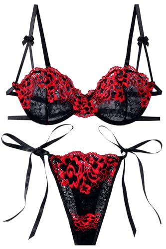 AIEOE Spitzen BH Set mit verstellbaren Trägern und Bügeln für perfekte Passform Roter BH mit transparentem Unterhose - S von AIEOE