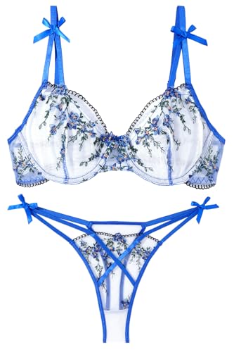 AIEOE Spitzen BH Set mit verstellbaren Trägern und Bügeln für perfekte Passform Roter BH mit transparentem Unterhose und Blumenmuster - M von AIEOE