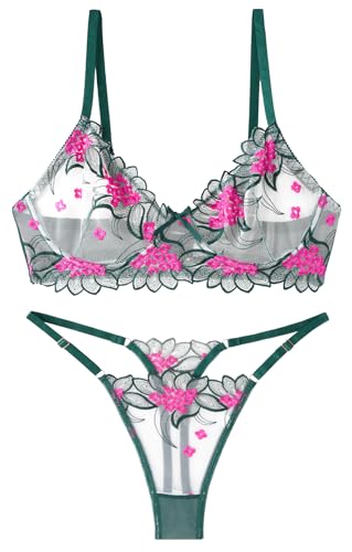 AIEOE Spitzen BH Set mit verstellbaren Trägern und Bügeln für perfekte Passform Roter BH mit transparentem Unterhose und Blumenmuster - S von AIEOE