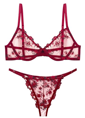 AIEOE Spitzen BH Set mit verstellbaren Trägern und Bügeln für perfekte Passform Roter BH mit transparentem Unterhose und Blumenmuster - S von AIEOE