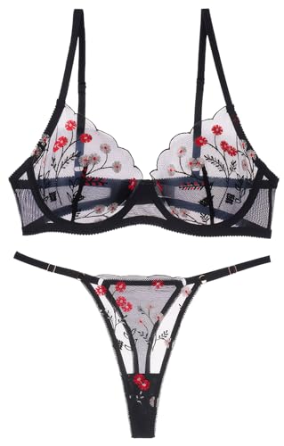 AIEOE Spitzen BH Set mit verstellbaren Trägern und Bügeln für perfekte Passform Roter BH mit transparentem Unterhose und Blumenmuster - XS von AIEOE
