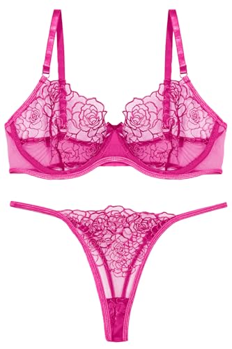 AIEOE Spitzen BH Set mit verstellbaren Trägern und Bügeln für perfekte Passform Transparent Netz Roter BH mit transparentem Tanga und Blumenmuster von AIEOE